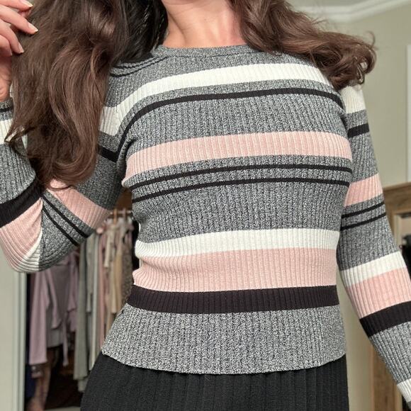 H&M S Striped Pink Black Grey White Ribbed Knit Stretchy Sweater Chic Classic - Picture 2 of 5
